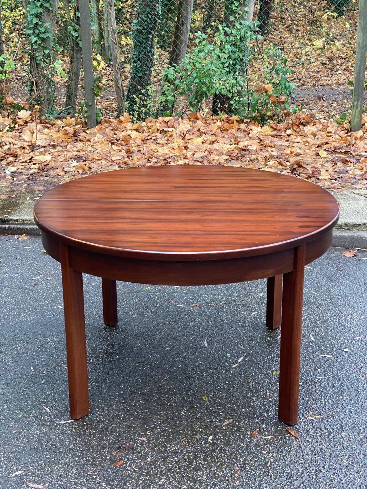 Scandinavian dining table and 4 Hans Olsen style chairs in teak and velvet.