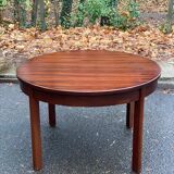 Scandinavian dining table and 4 Hans Olsen style chairs in teak and velvet.