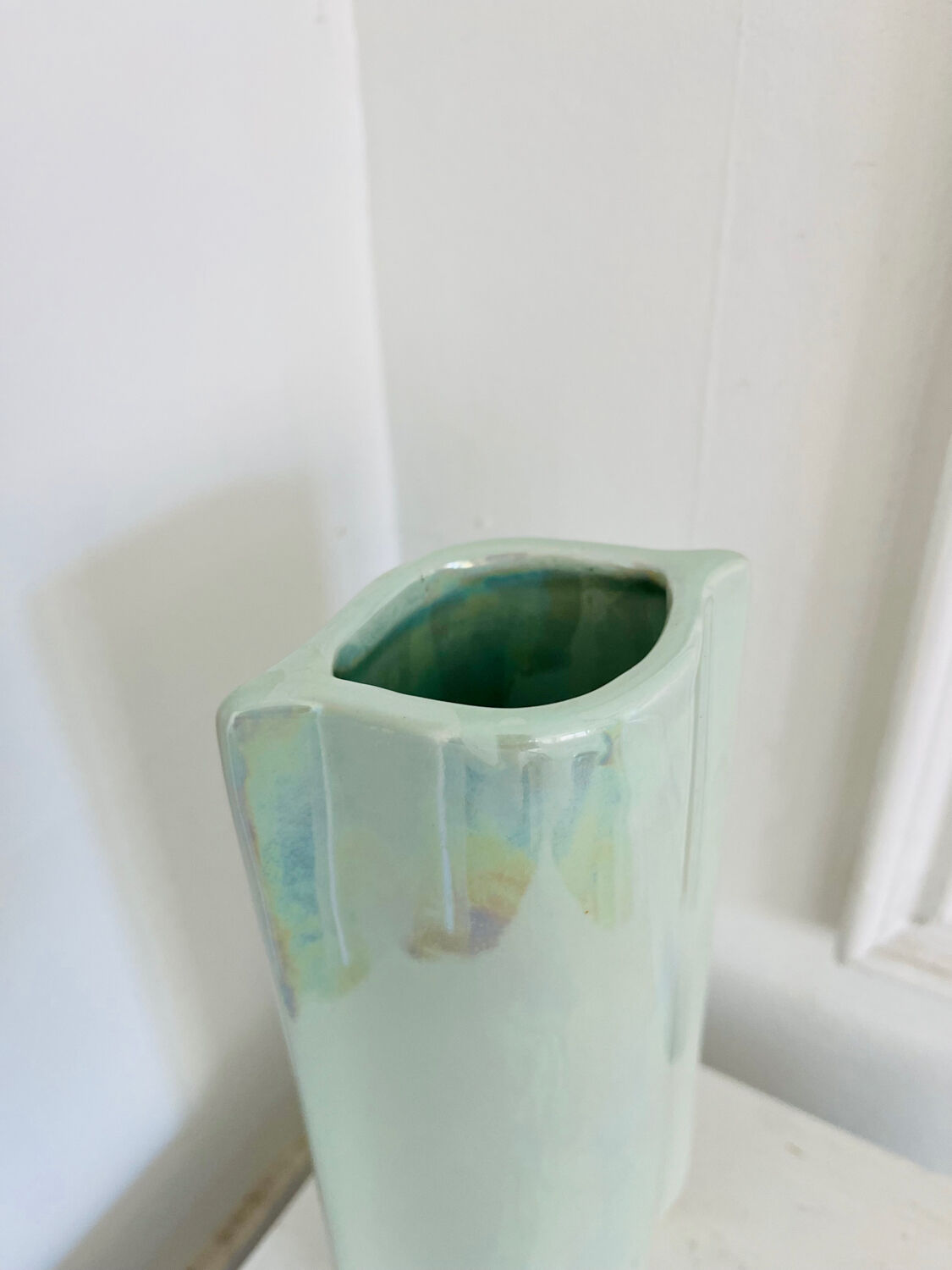 Duo of vintage iridescent ceramic vases