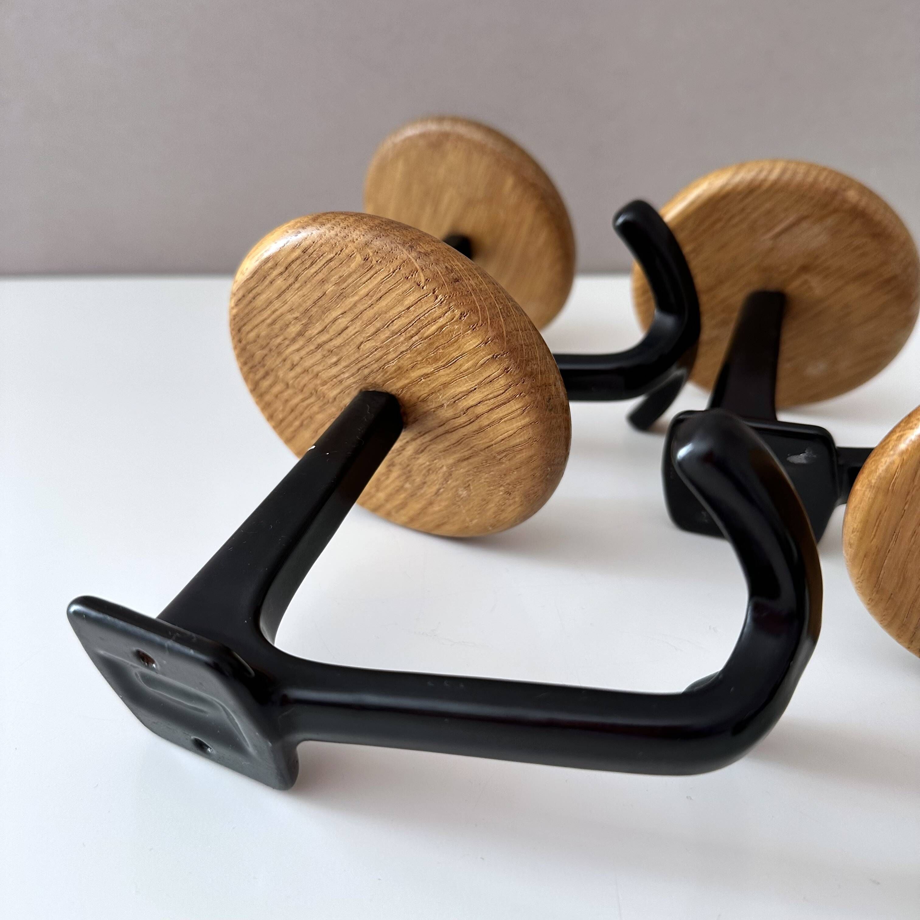 Vintage Set of 4 Wooden & Metal Coat Hooks | Wall-Mounted Hooks
