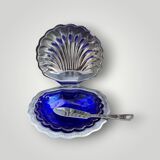 Vintage shell butter dish in stainless steel and cobalt blue glass with knife