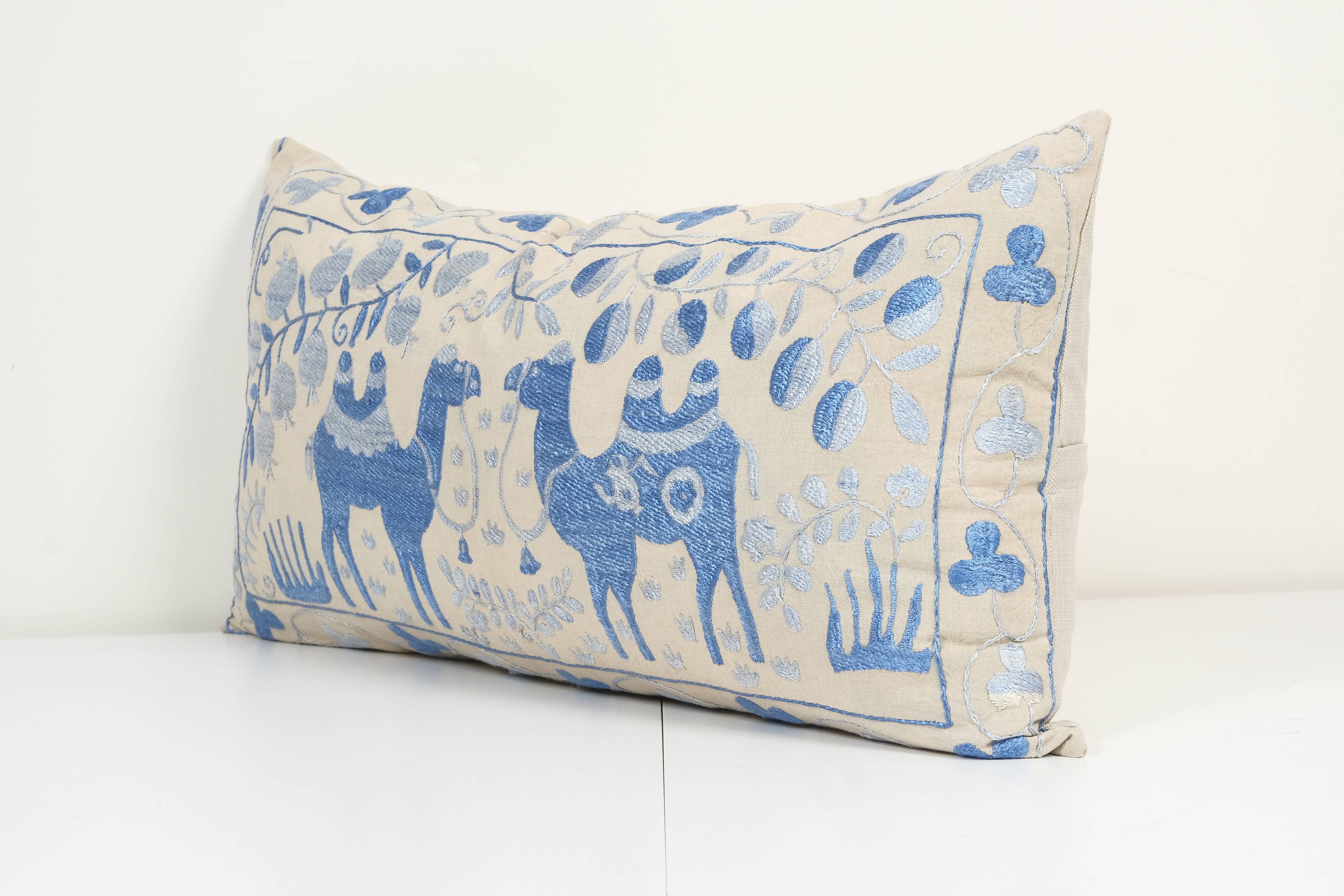 16" x 32" Vintage Animal Suzani Pillow Cover, Camel Patterns Hippie Long Cushion Cover 1960s Handmade