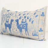 16" x 32" Vintage Animal Suzani Pillow Cover, Camel Patterns Hippie Long Cushion Cover 1960s Handmade