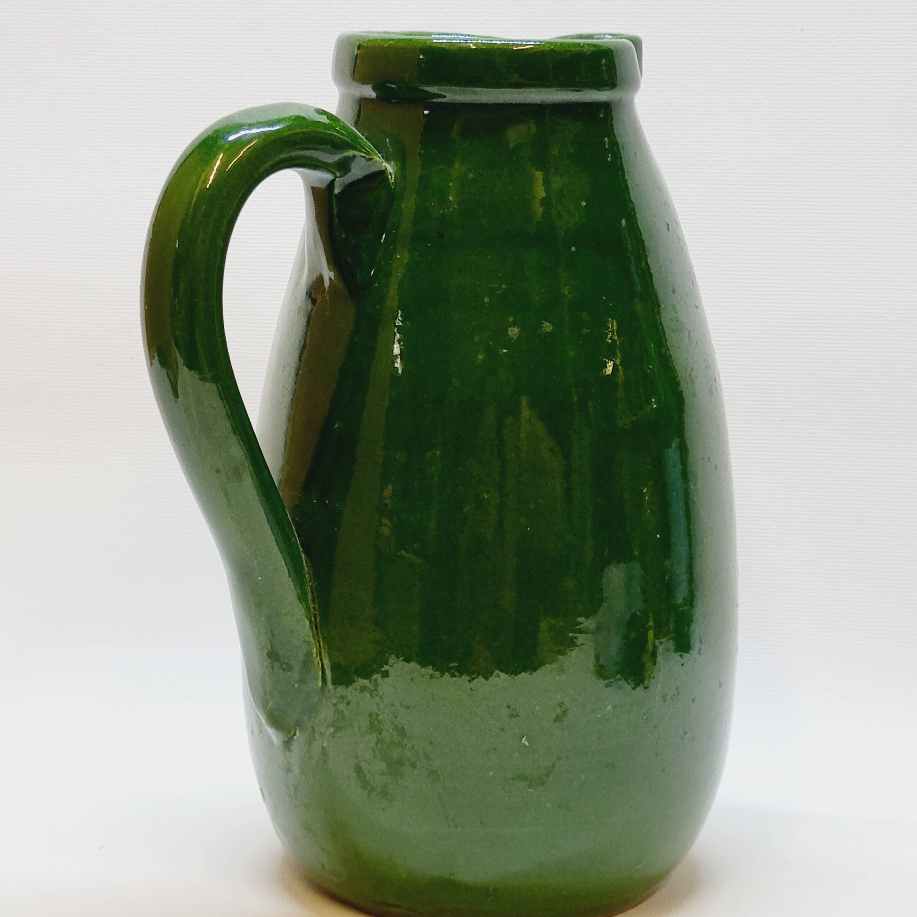 Pottery pitcher carafe terracotta green glazed ceramic