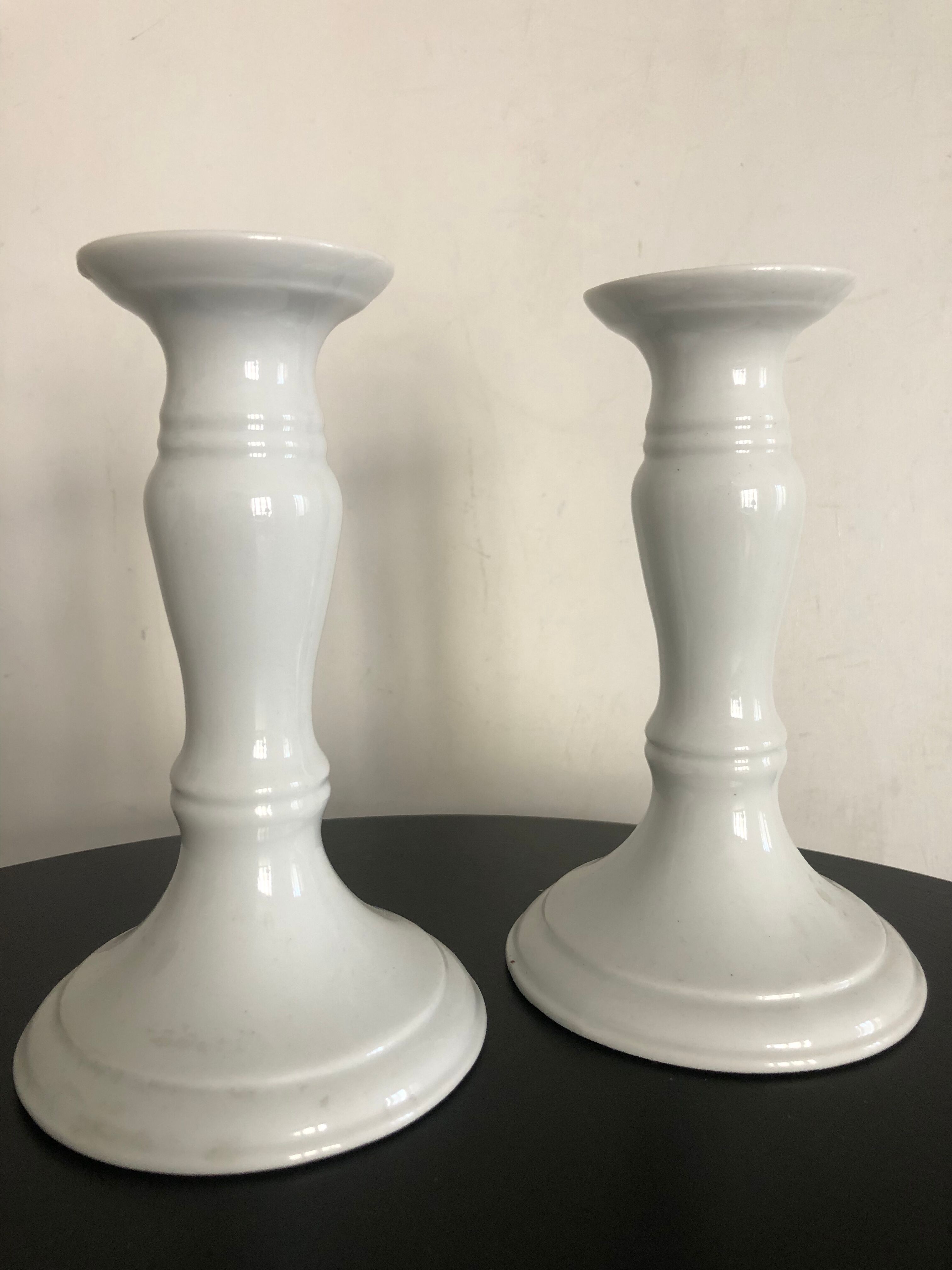 Pair of white candle holders, Limoges porcelain