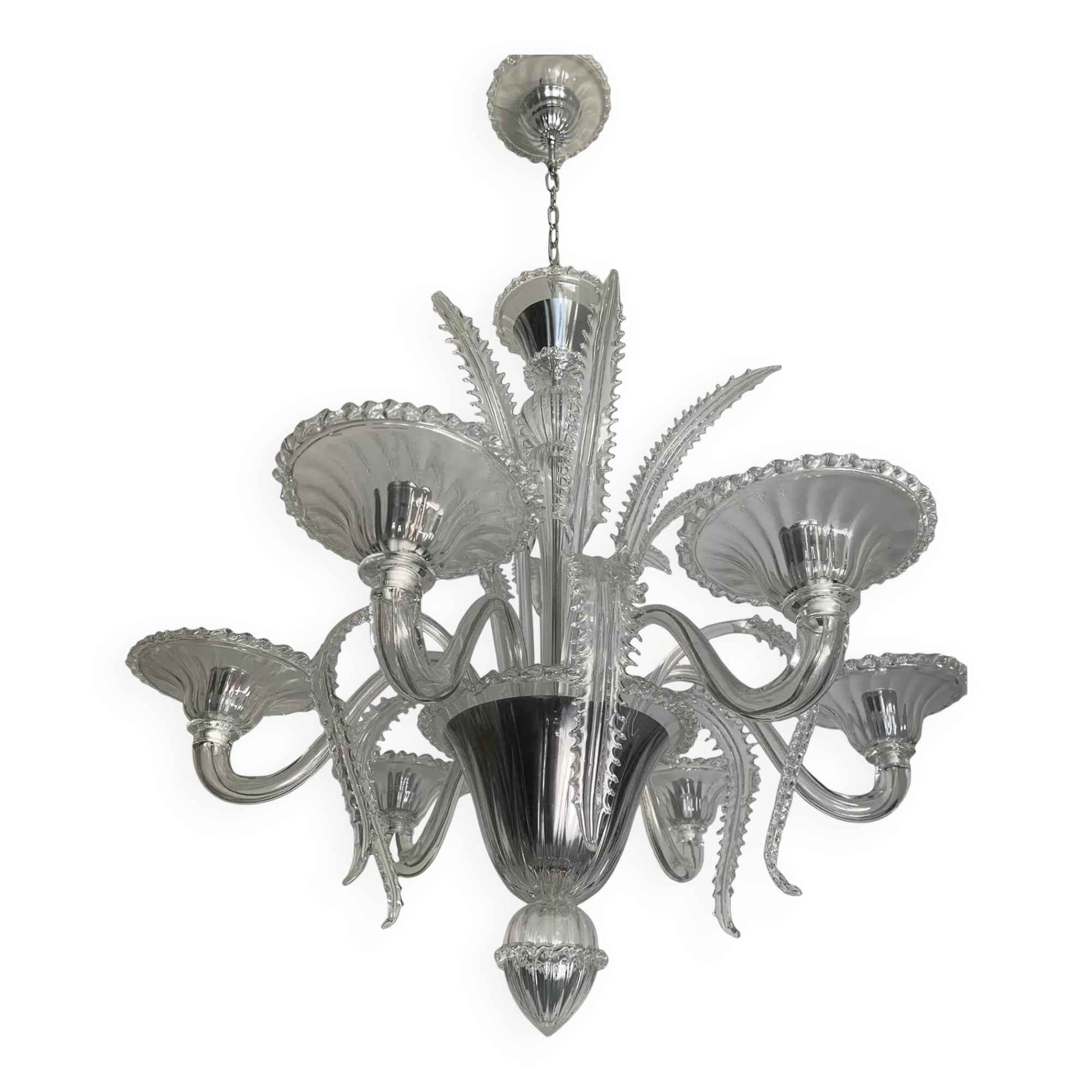 Transparent Murano-Style Venetian Glass Chandelier Featuring Fern (“Felci”)