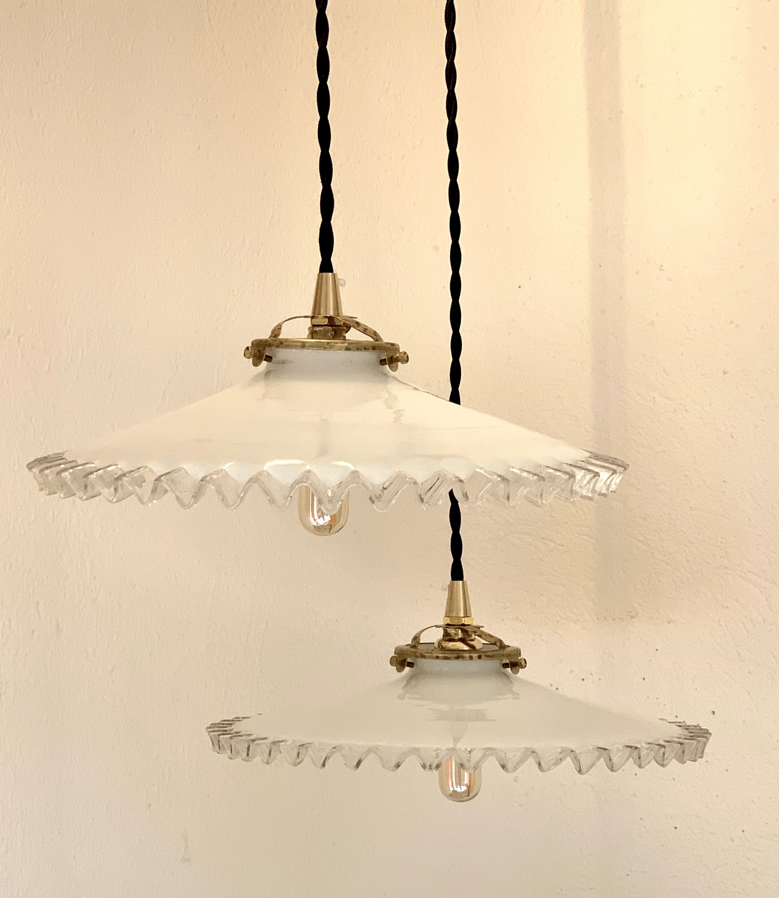 Pair of serrated opaline bistro pendant lamps