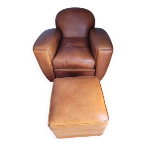 Fauteuil club en cuir - pouf