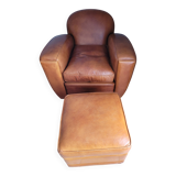 Leather club armchair and its pouf
