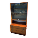 Meuble scandinave vintage avec vitrine fumée et tiroirs – années 60/70