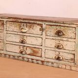 Antique 9-drawer workshop cabinet in Burmese teak with original ecru patina