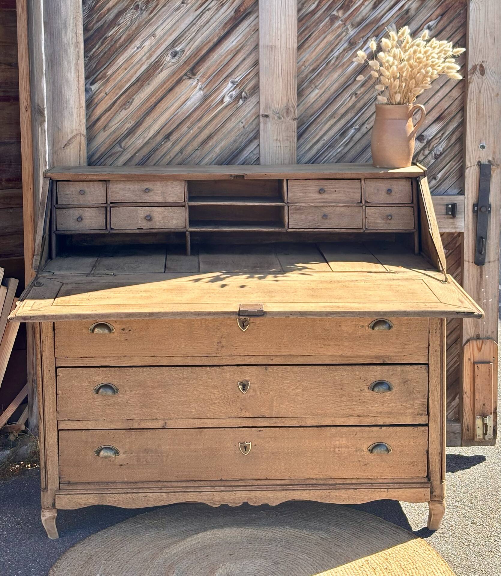 Antique drop-leaf secretary / solid raw oak counter