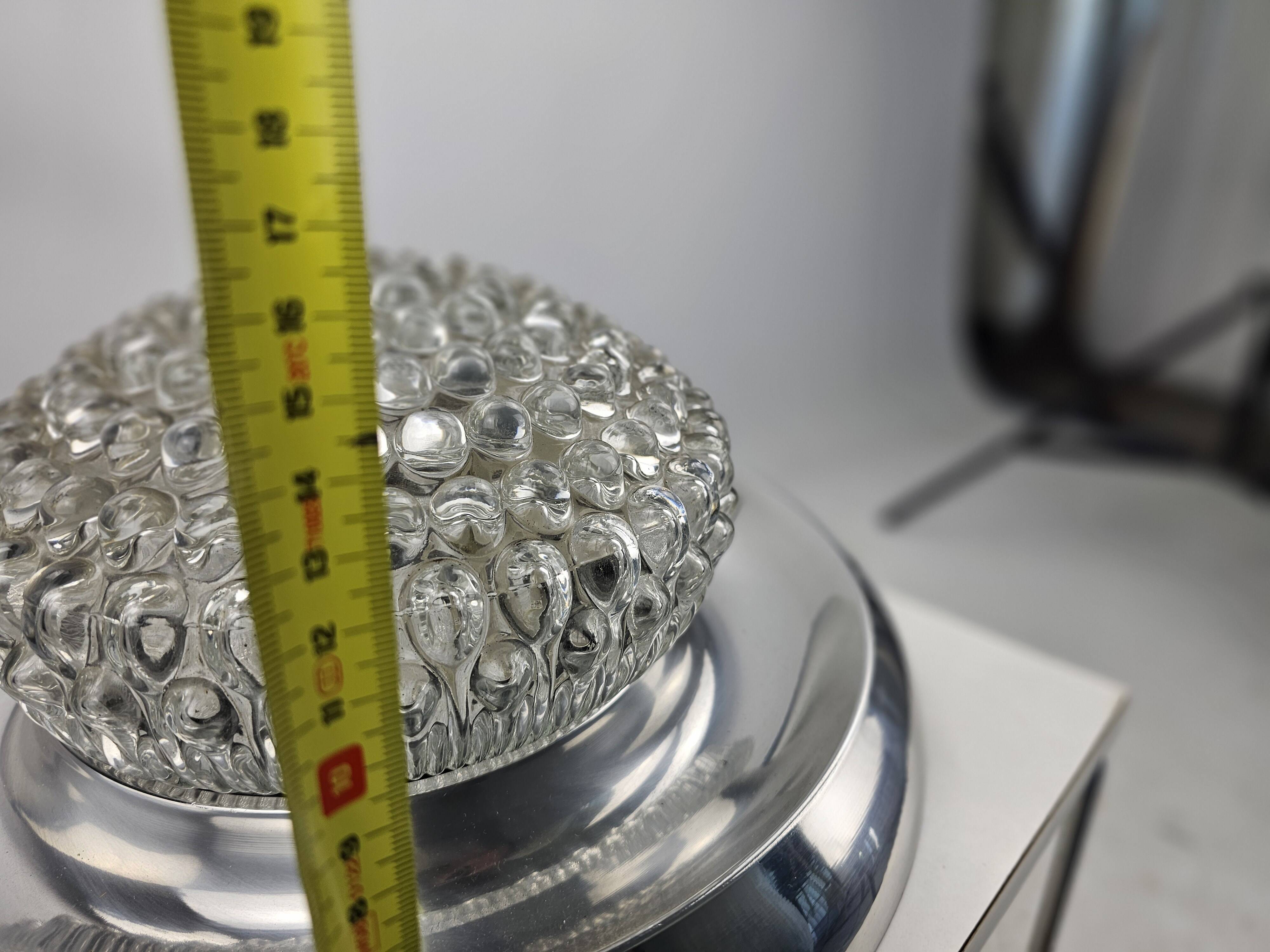 Plafonnier vintage, bague chromée et abat-jour en verre bullé