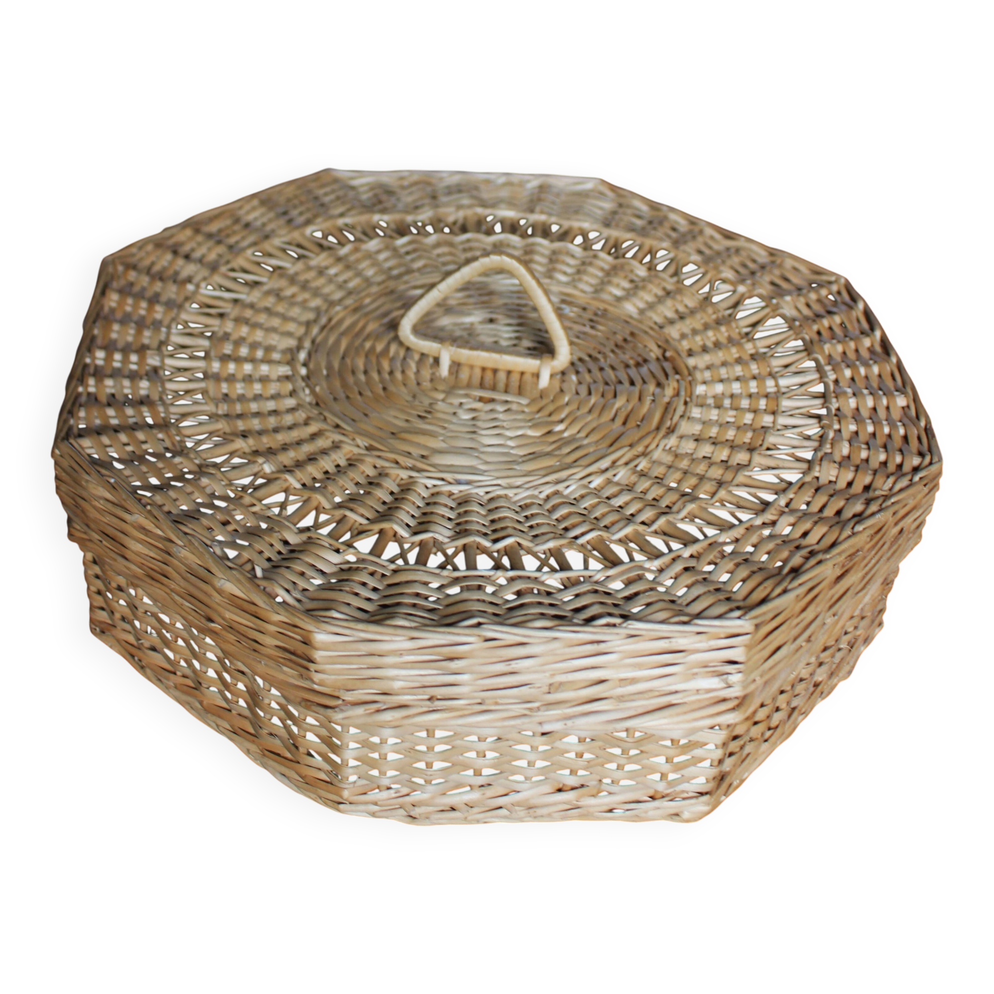 Vintage Octagonal Wicker Basket with Lid