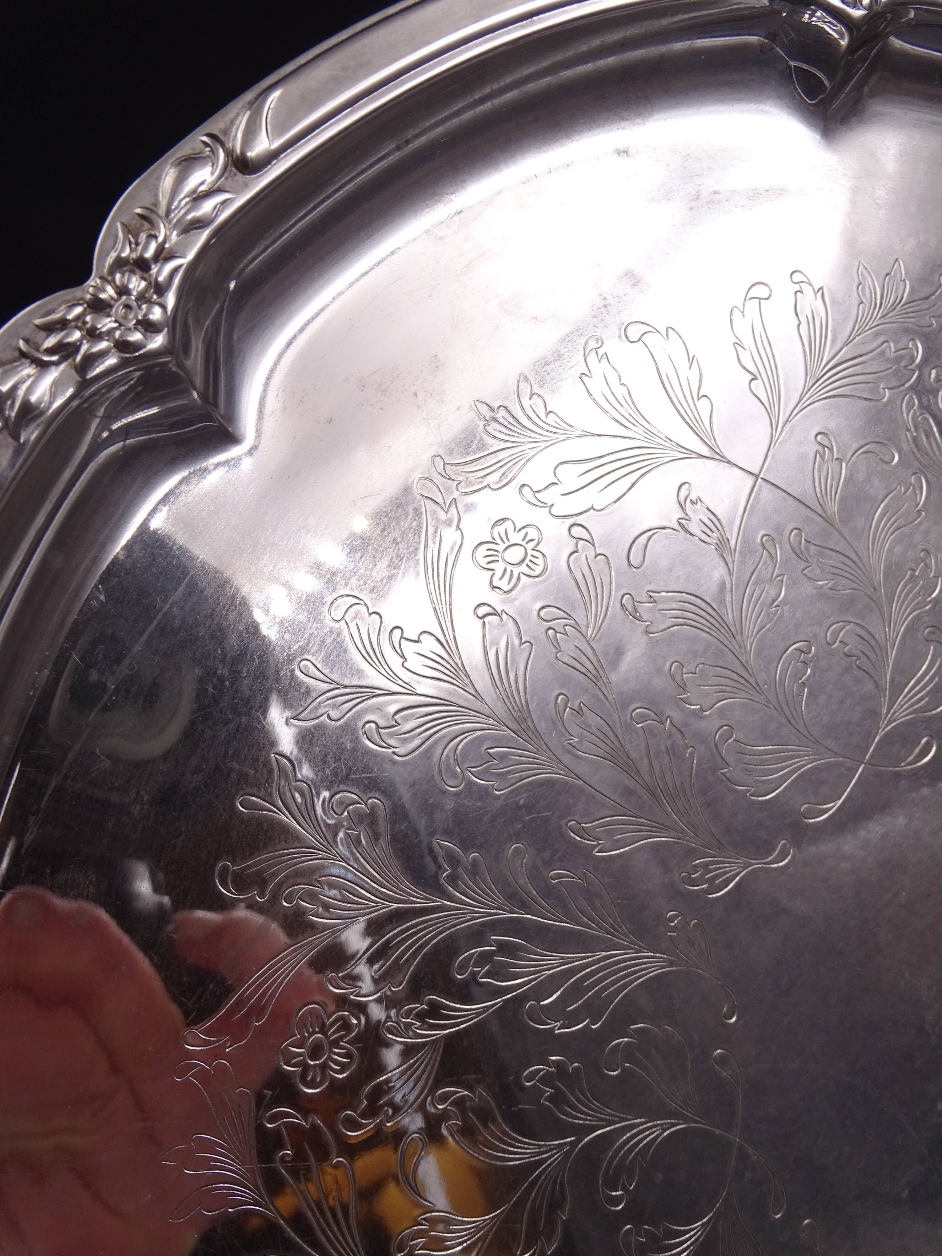 Silver metal tray with a flower decoration - circa 1950