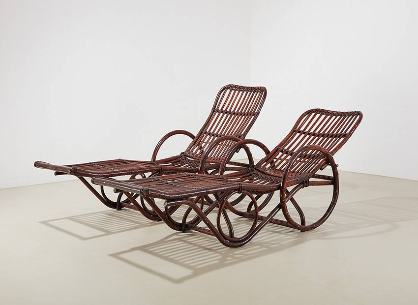 Pair of Bamboo and Rattan Chaise Lounges Germany 1950s