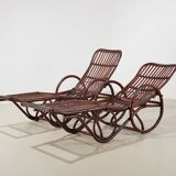 Pair of Bamboo and Rattan Chaise Lounges Germany 1950s