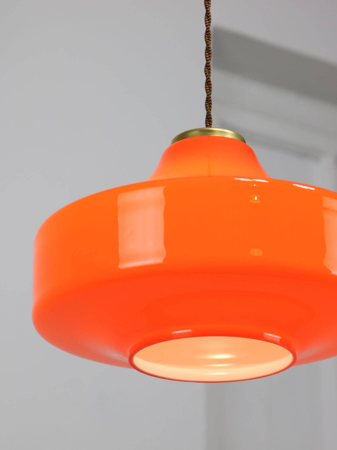 Mid-century italian orange glass & brass pendant lamp