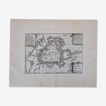 Gravure sur cuivre XVIIème siècle  "Plan de la ville d'Ypres"  Par Sébastien de Pontault de Beaulieu