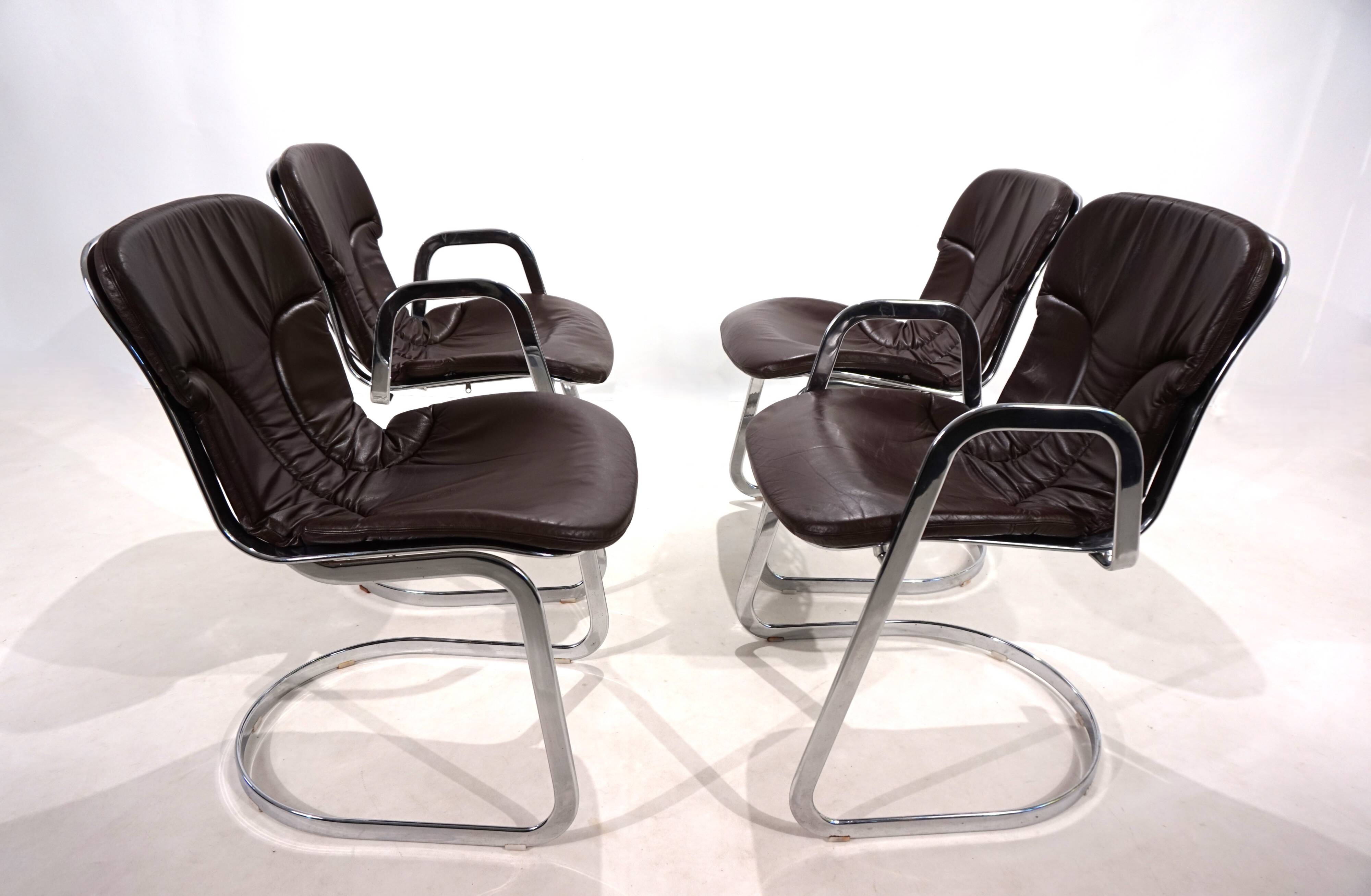 Set of four Cidue leather chrome cantilever chairs by Willy Rizzo, 1970