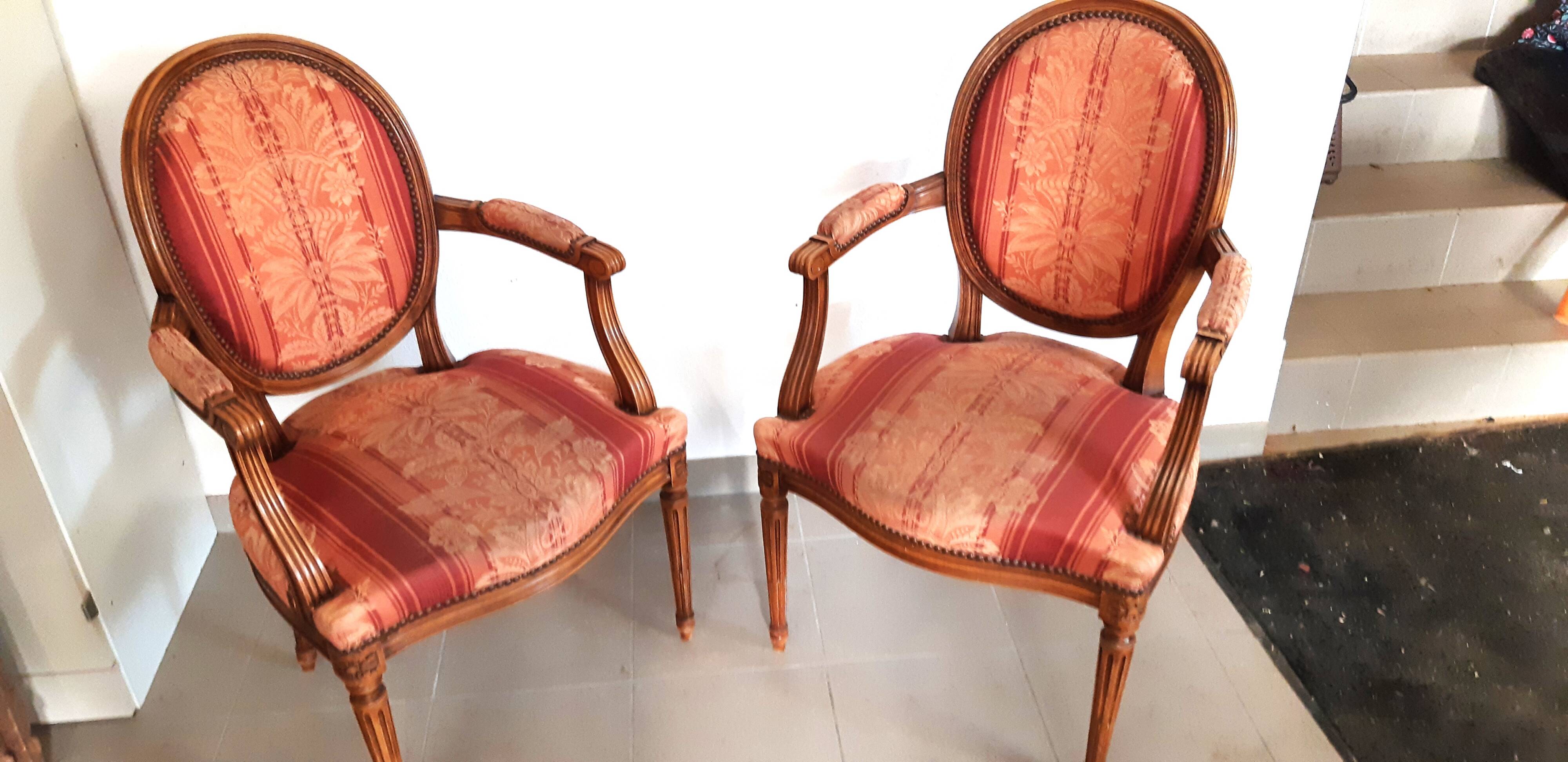 Pair of Louis XVI style cabriolet armchairs with medallion
