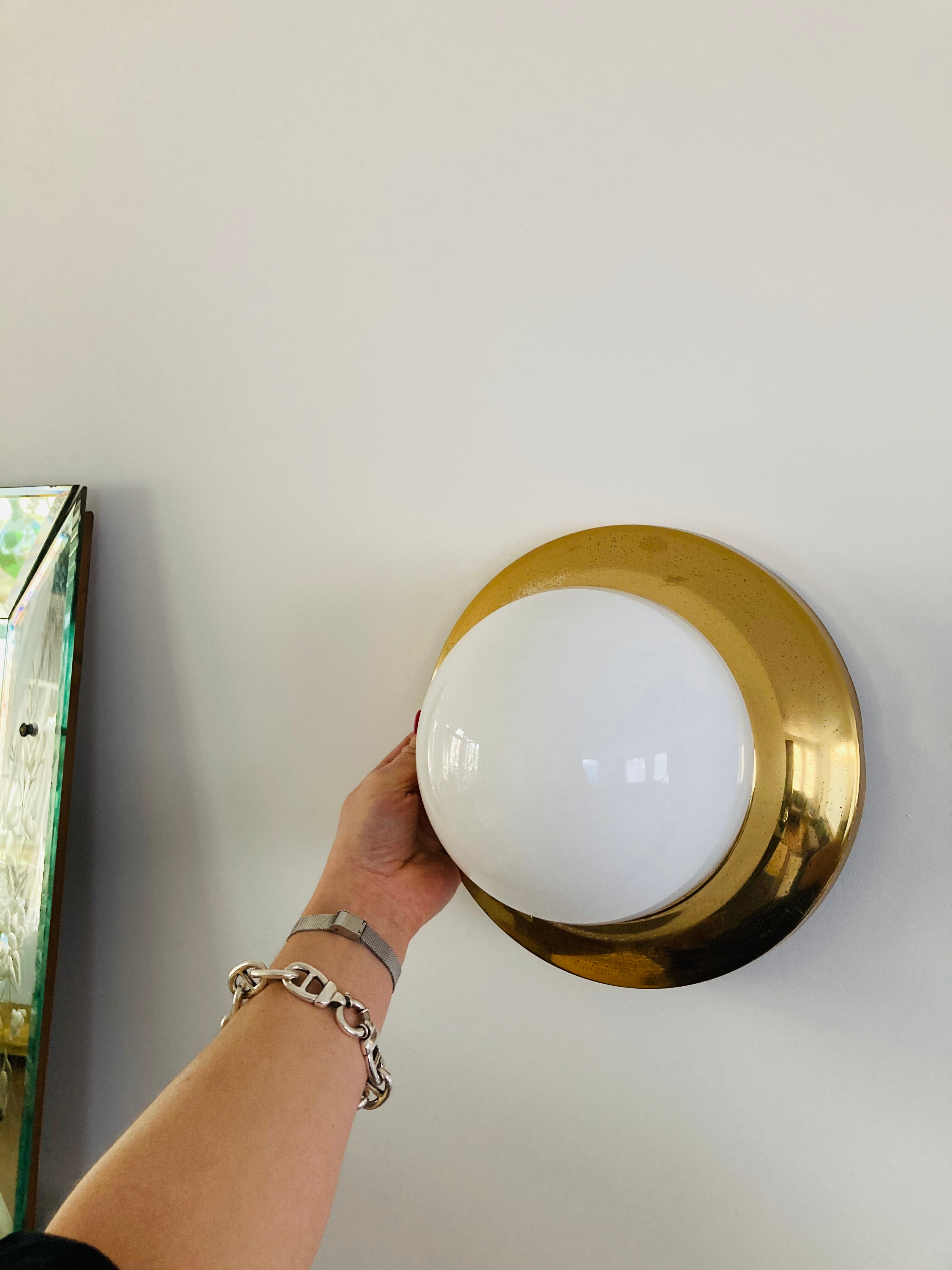 Brass and opaline wall sconces