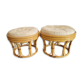 Paire de poufs en rotin et cuir