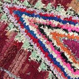 Moroccan Berber carpet boucherouite old red corridor with colored diamonds 271x100cm
