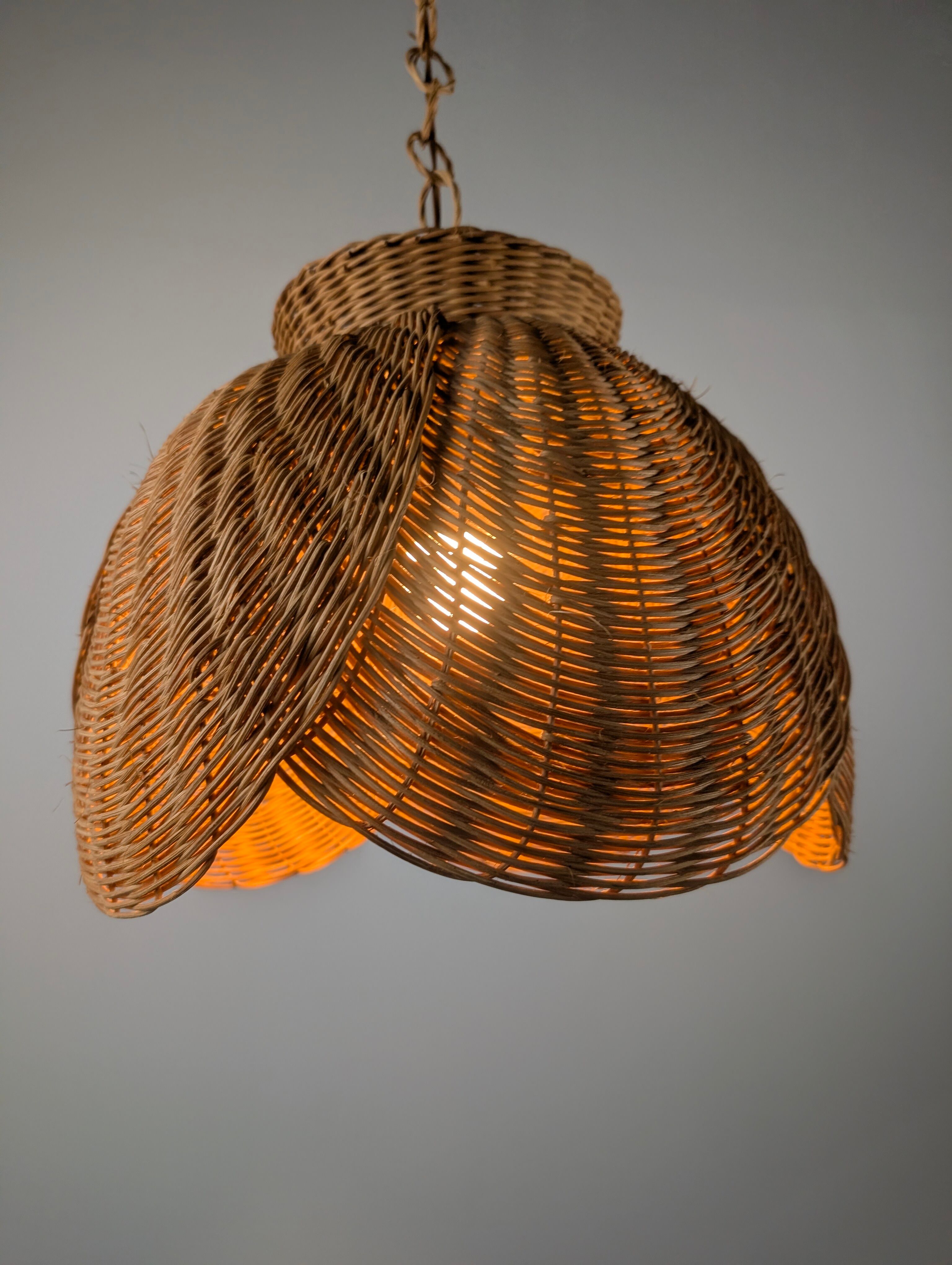 Wicker organic modern pendant lamp with overlapping petal shade, late 20th century