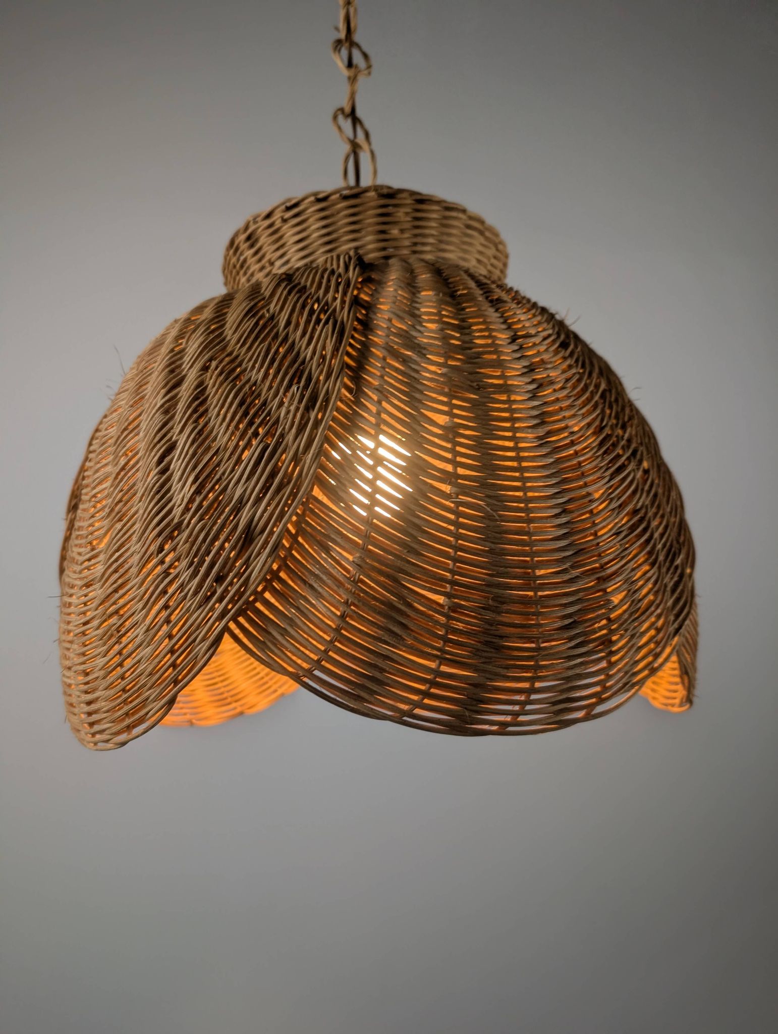 Wicker organic modern pendant lamp with overlapping petal shade, late 20th century