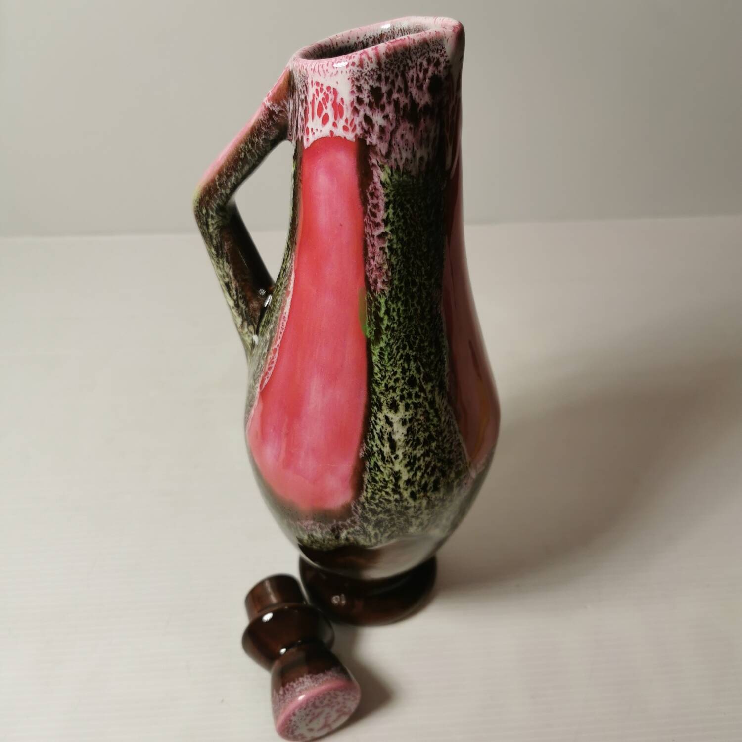 Old Pitcher, Jug, Carafe in Pink and Brown Ceramic Vallauris Style Vintage