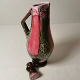 Old Pitcher, Jug, Carafe in Pink and Brown Ceramic Vallauris Style Vintage