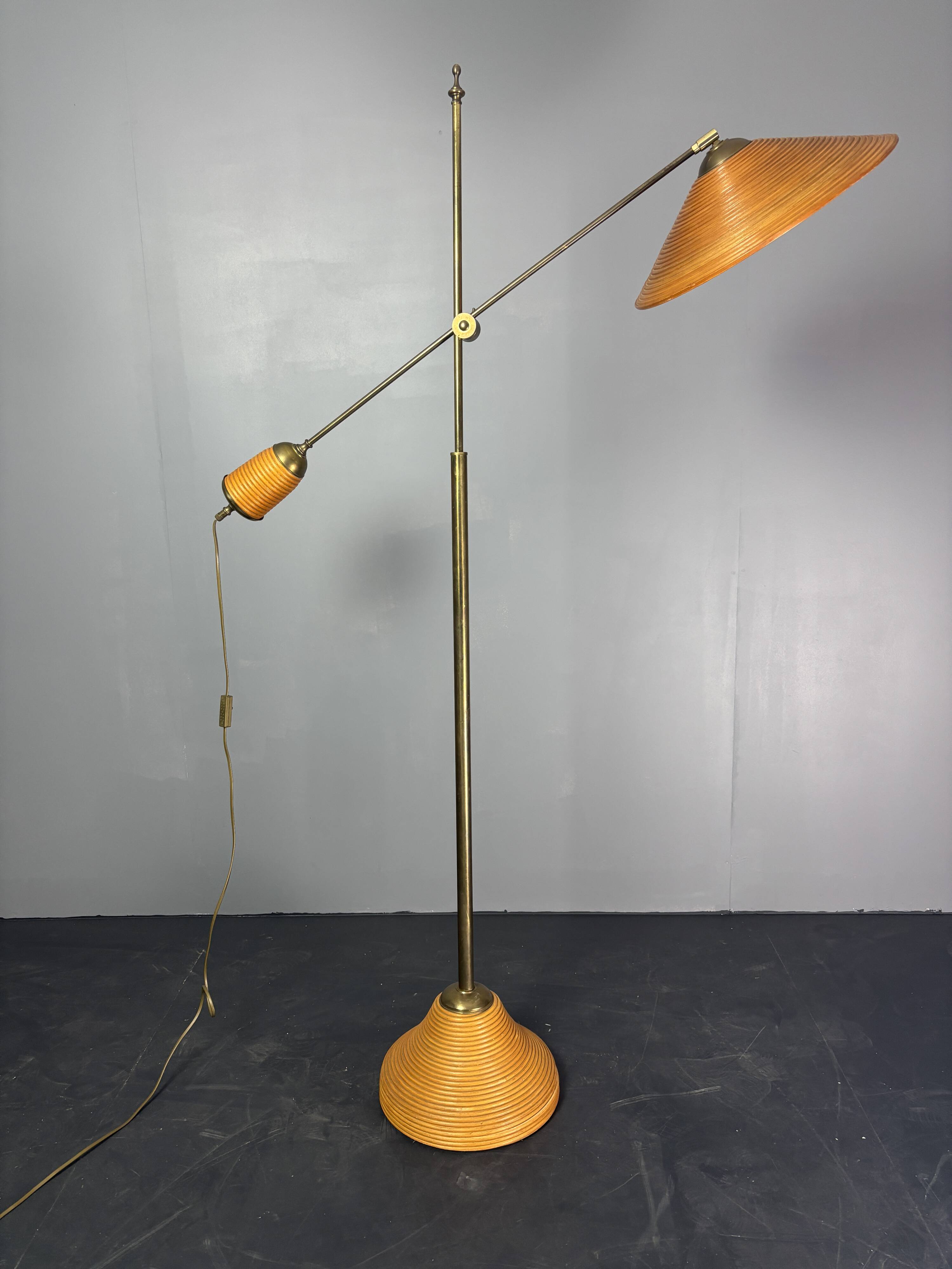 Italian Adjustable Floor Lamp in Pencil Reed Rattan Bamboo and Brass, 1970s
