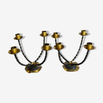Pair of wrought iron candle holders four arms 50s