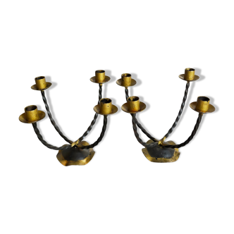 Pair of wrought iron candle holders four arms 50s