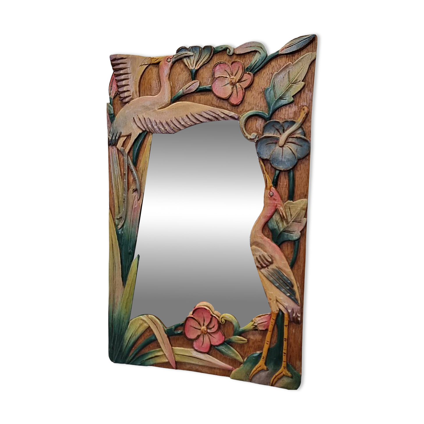 Vintage Balinese Wooden Mirror With Herons And Flowers, 1980/90s