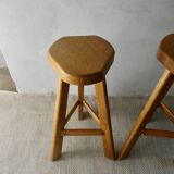 Pair of high bar stools, tripods, in solid wood