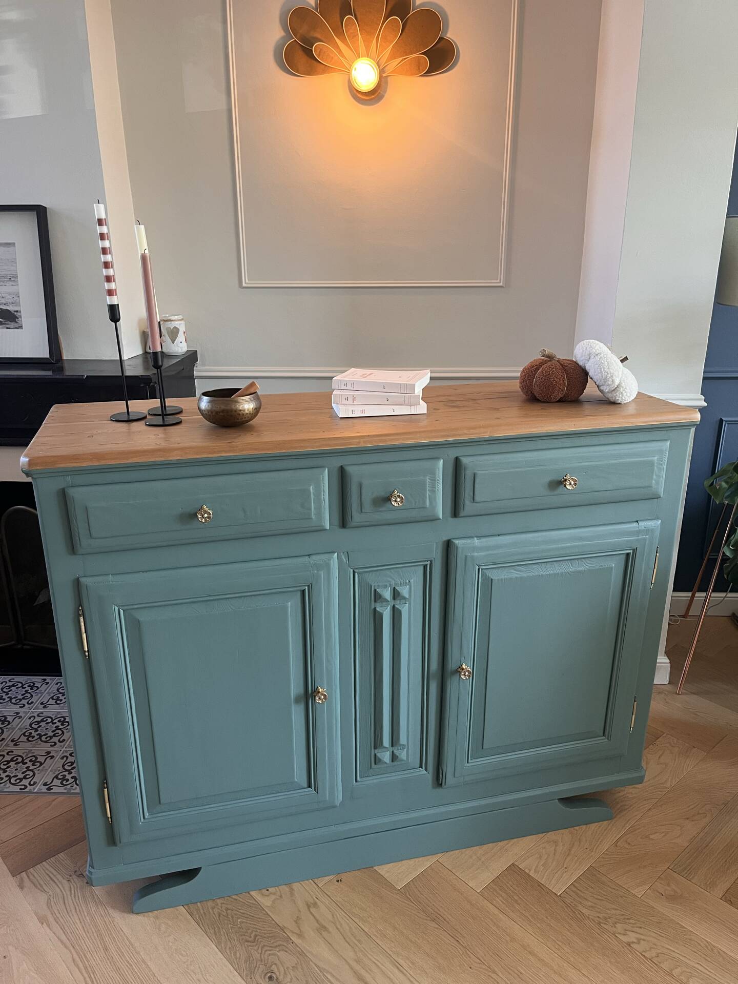 Sage green buffet with moustache legs