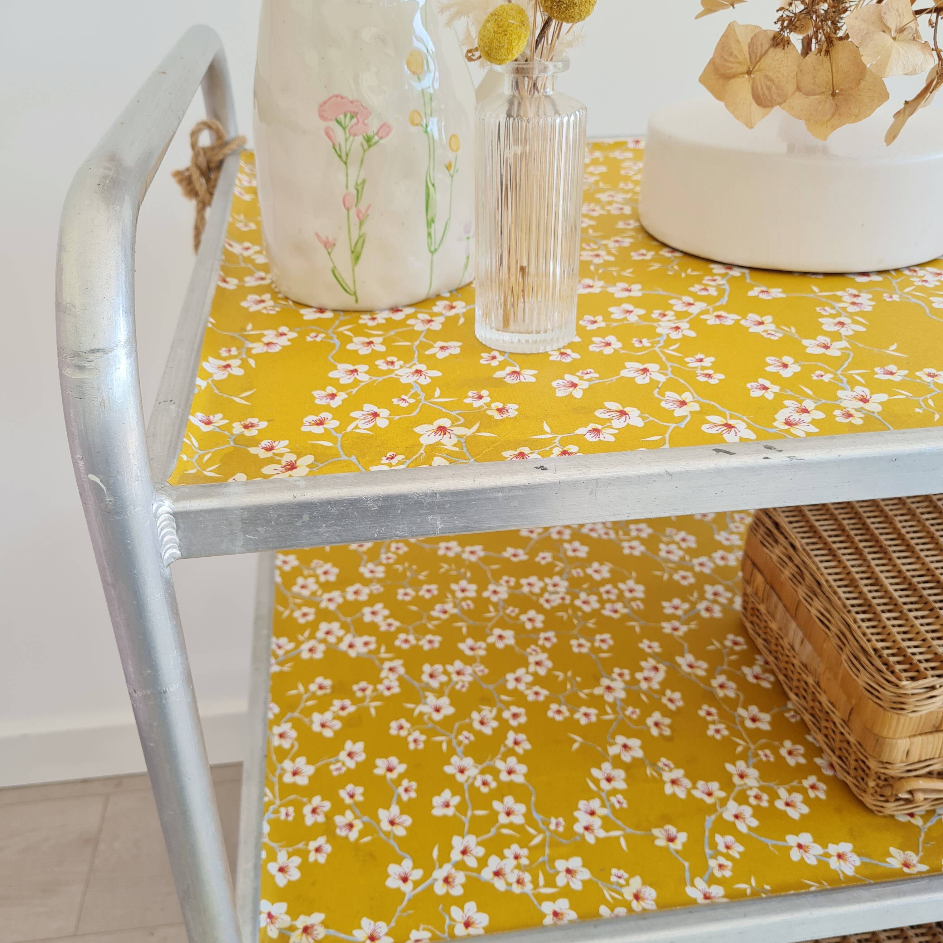 Industrial trolley - Chrome serving trolley with flowered trays