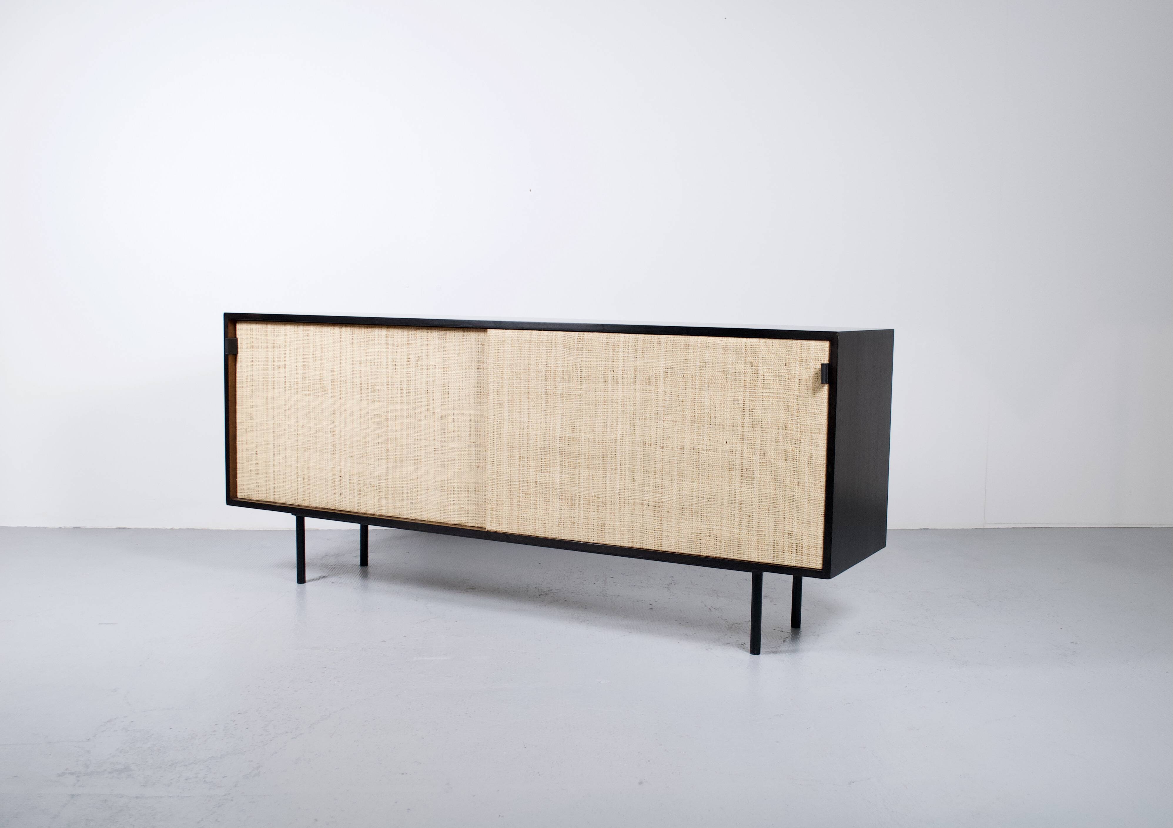 Enfilade florence knoll model 116 wood leather and raffia 1960