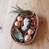Wicker tray and 6 matching bowls.