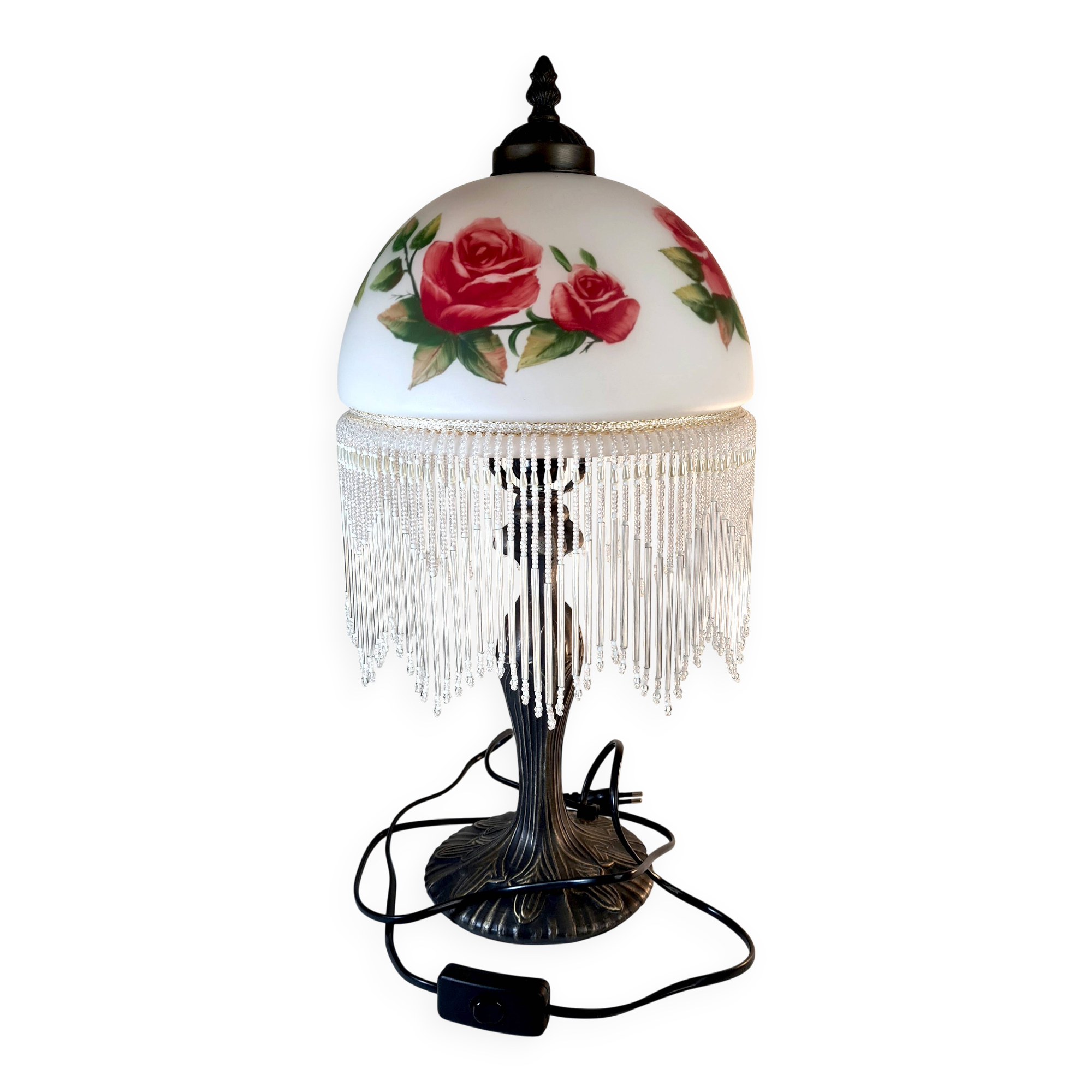 Vintage Tiffany-style fringed lamp with floral globe