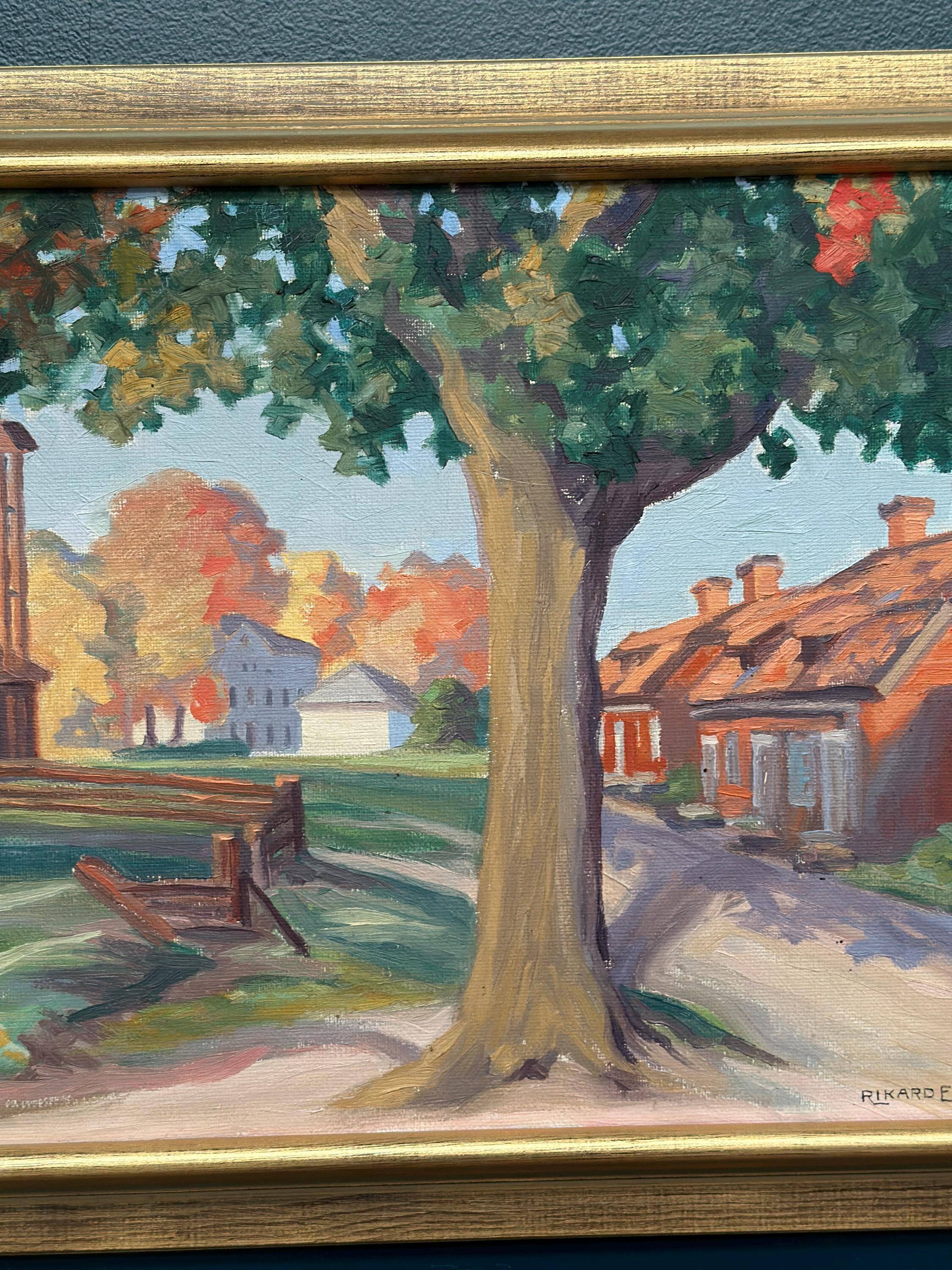 Original Mid Century Swedish Oil On Canvas – “Obscured By The Tree” By Rikard Erikson – Framed 55 × 47 Cm (21.7" × 18.5")