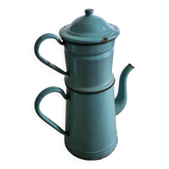 ancienne grande cafetière émaillée vert / bleu