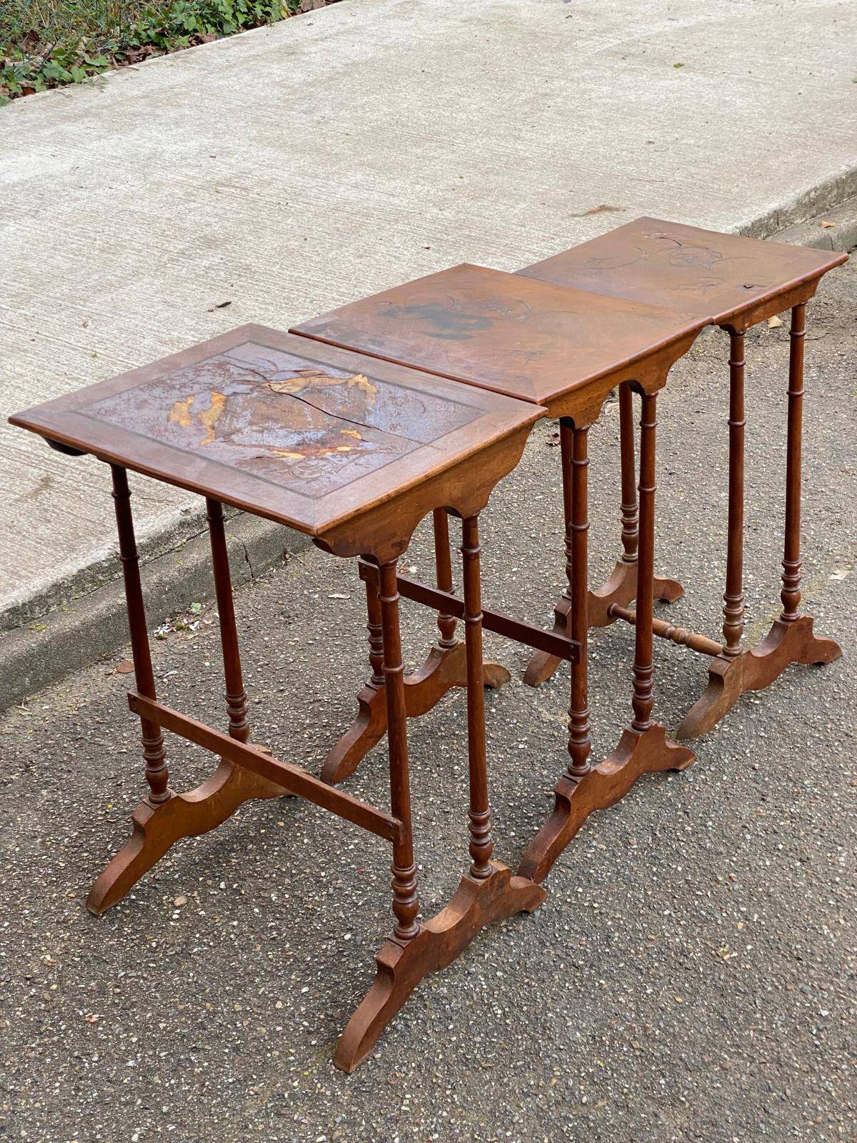 3 nesting tables in Art Nouveau style, made of solid wood and marquetry from the 19th century.