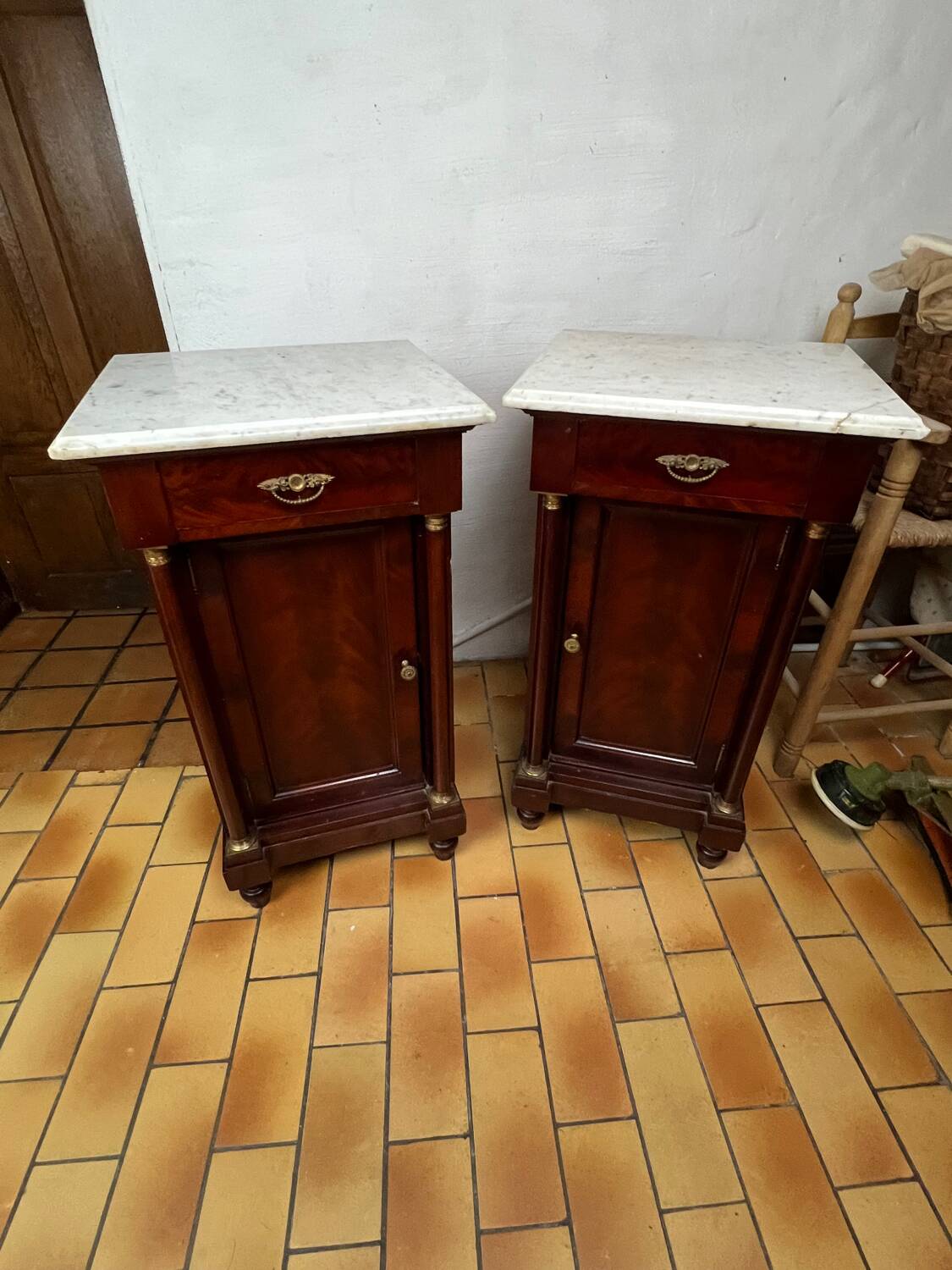 Pair of Napoleon III bedside tables in mahogany and marble