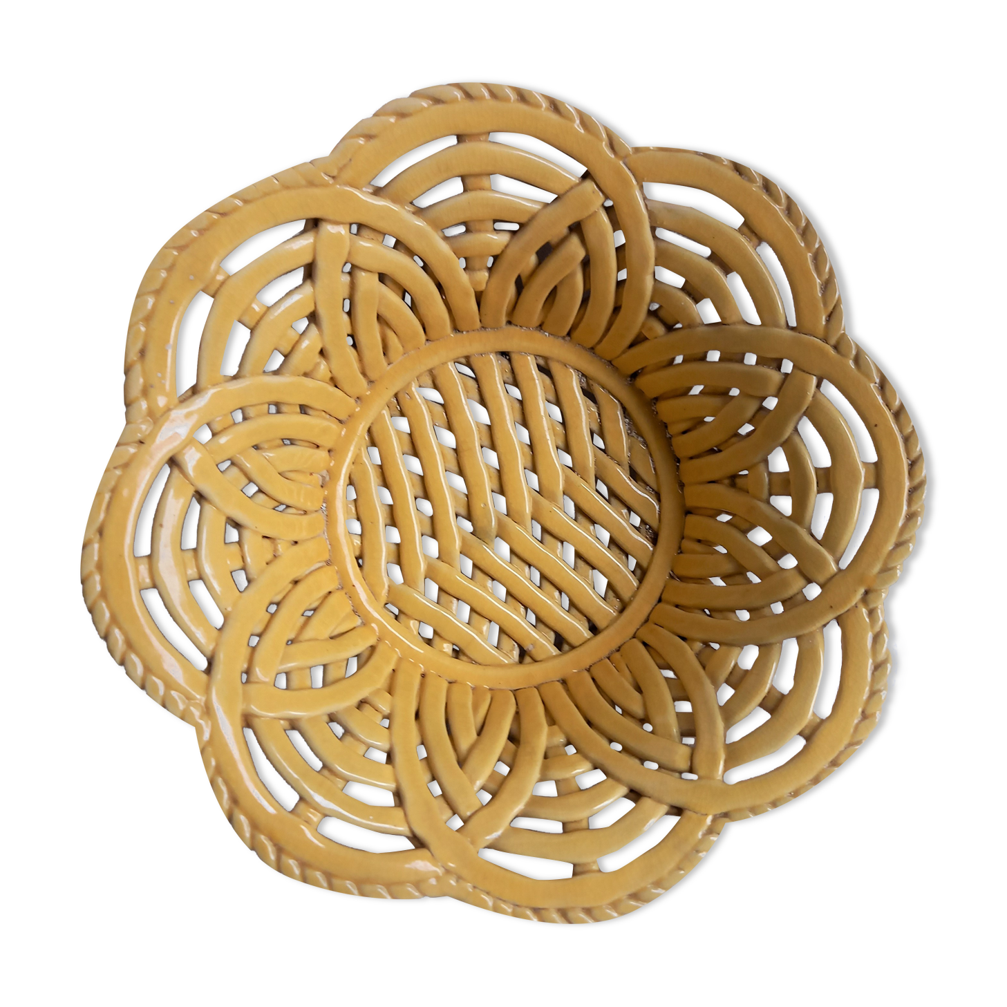 Yellow braided ceramic fruit basket