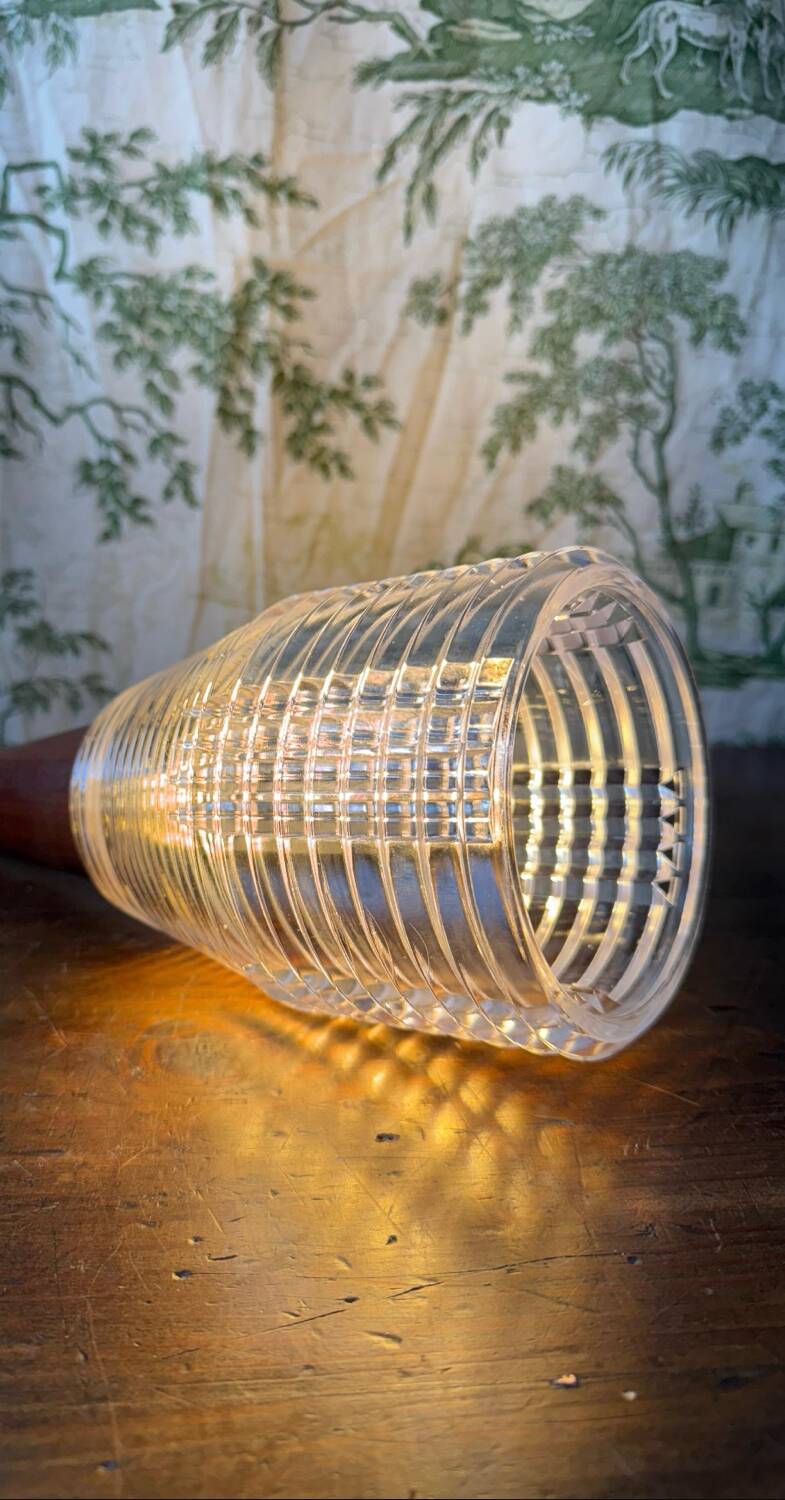 Vintage Scandinavian teak and holophane glass pendant light. 50s/60s