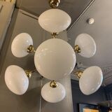 Chandelier pendant lamp design sputnik in golden brass, 8 globes balls opaline glass, ca 1970s