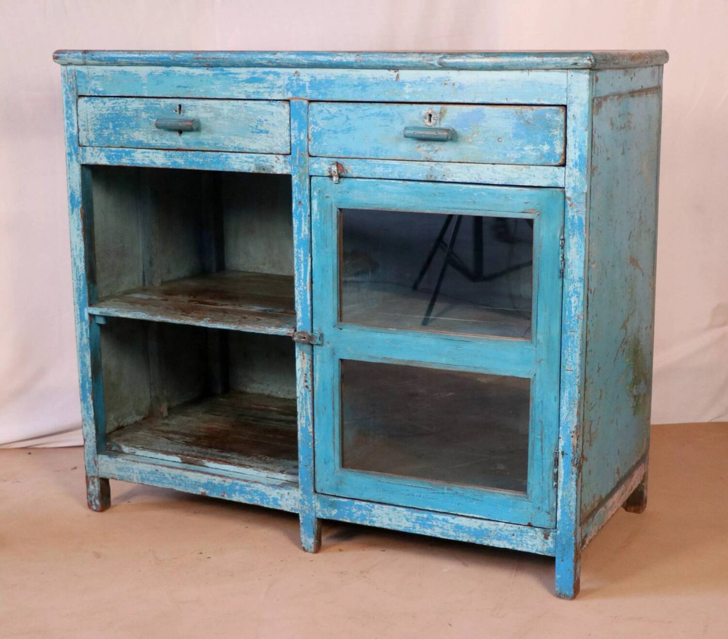 Old Burmese teak sideboard with original blue patina